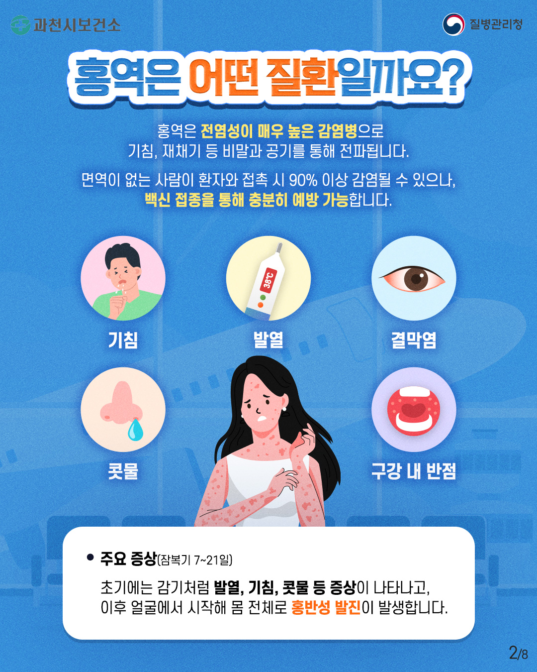 홍역 예방수칙 안내  5월 가정의 달 연휴 동안 해외여행 및 접촉 증가로 홍역이 유행할 수 있으니, 예방수칙을 잘 준수하여 주시기 바랍니다.   ○ 홍역 증상 및 발생국가   - 증      상 : 발열, 기침, 콧물, 결막염, 구강 내 반점, 홍반성 발진 등 (잠복기: 약 7-21일)   - 발생국가 : 아프리카, 중국, 캄보디아, 인도네시아 등   ○  홍역 예방수칙   - 여행 전 : 예방백신(MMR) 2회 접종력 확인   - 여행 중 : 마스크 착용, 손 씻기, 기침할 때는 입과 코 가리기   - 여행 후 : 발열, 발진 등 의심증상 발생 시 검역관에게 알리기