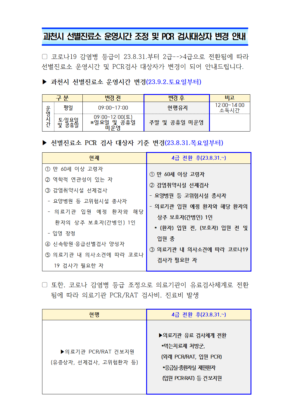 과천시 선별진료소 변경사항 안내